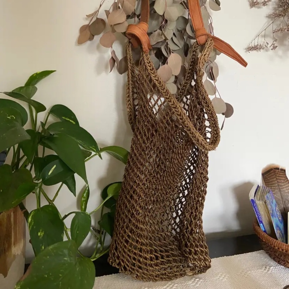 Leather strap cactus fiber bag
